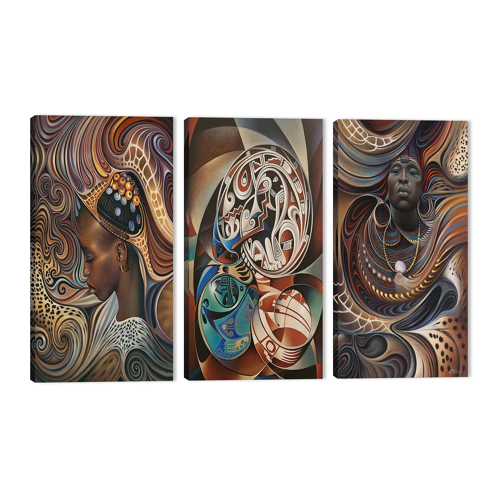 African American Canvas Wall Art - 3-Piece Black Couple Painting Set, Colorful Egyptian Inspired Wall Decor with Frame (72”W x 36”H) - Perfect for Living Room, Bedroom & Office Wall Decorations