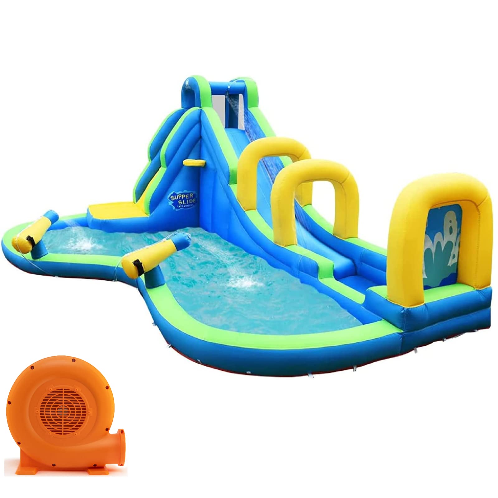 **HONEY JOY 5-in-1 Inflatable Water Slide Park with Water Cannons & Long Slide - Indoor/Outdoor Bouncy Castle for Kids & Adults - Backyard Summer Fun (Includes 750W Blower)**    **Perfect for:** Backyard parties, summer gatherings, family fun, kids' birthdays, and outdoor water play.
