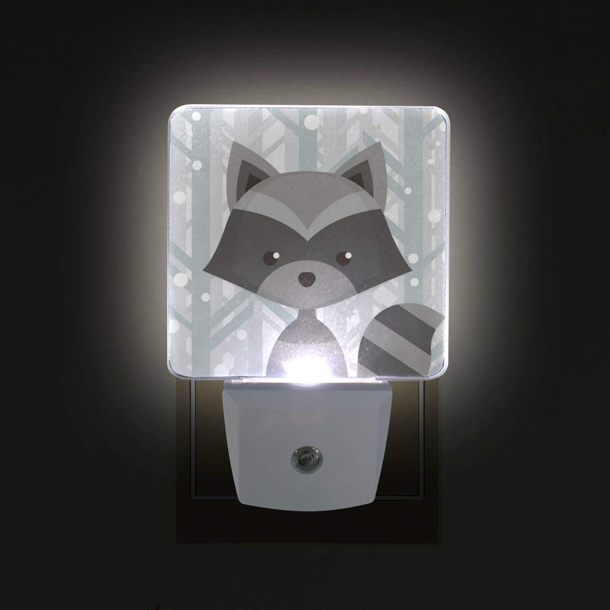 Cartoon Raccoon Night Light Set of 2 - Plug-in Motion Sensor LED Nightlight for Kids Room, Nursery, Hallway & Bedroom