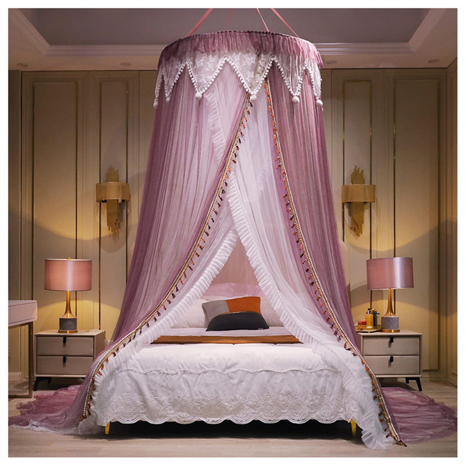 Princess Bed Canopy with Mosquito Net for Girls - Kids Crib Canopy with Pom Poms for Indoor & Outdoor Play, Reading Nook & Bedroom Decor - Perfect for Nursery, Playroom & Sleepovers