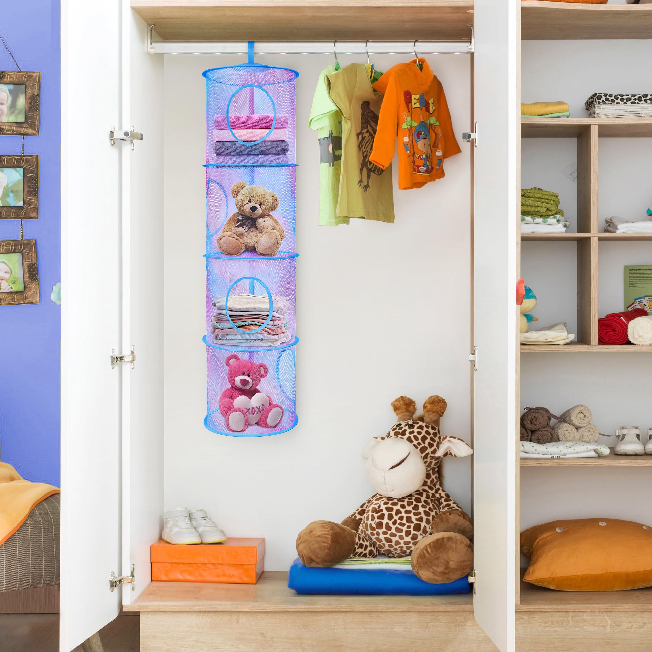 Coastal Rose 2-Pack Foldable Stuffed Animal Storage Net & Toy Hammock Organizer - 4 Compartment Hanging Mesh for Kids Room, Toys, Socks, Gloves & Hats (Pink Blue Tie Dye) - Perfect for Nursery, Playroom & Bedroom Organization