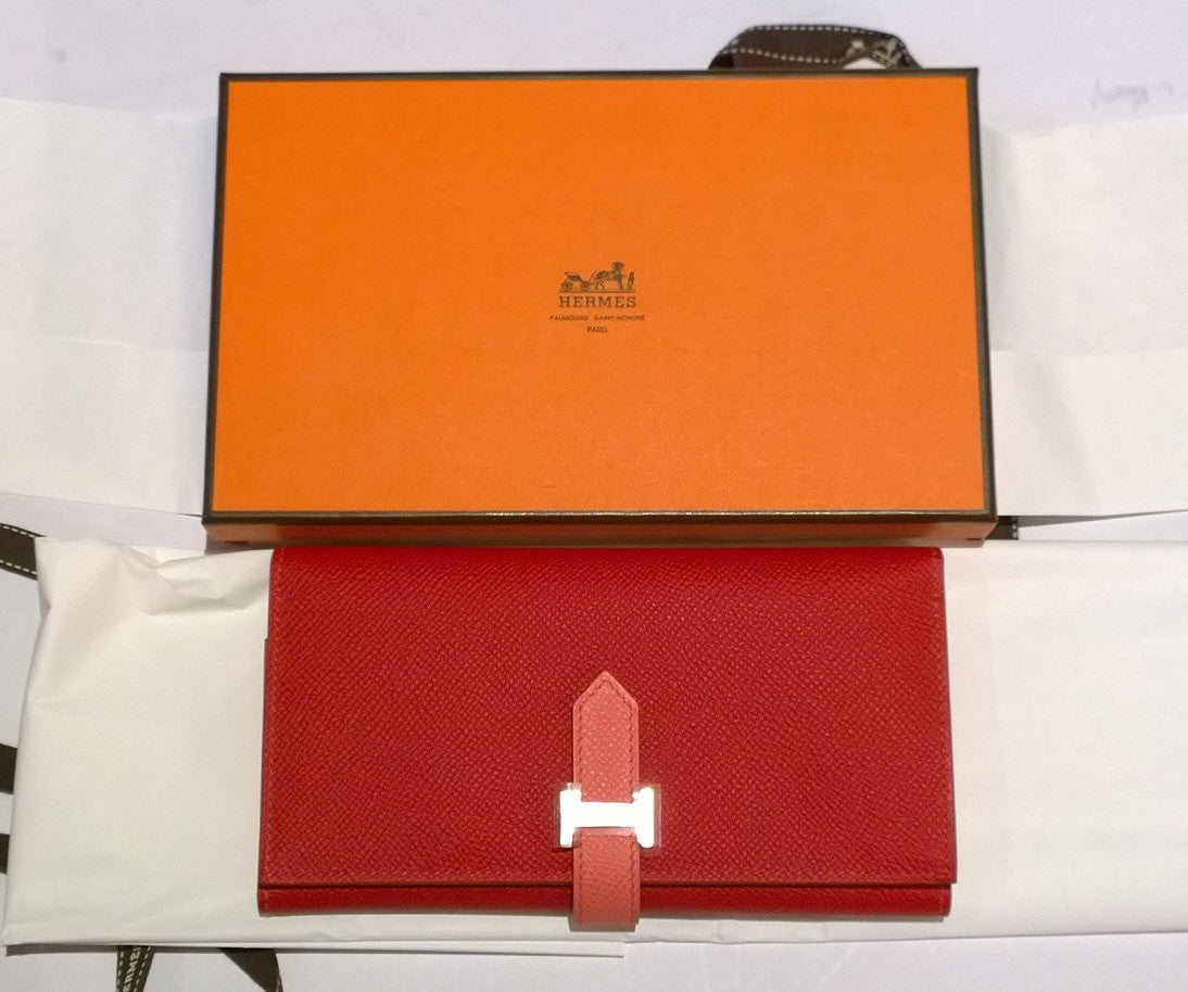 Hermès Bearn Verso Tri-Fold Wallet in Rouge Casaque & Flamingo - Epsom Leather with 2 Pockets - Perfect for Everyday Use & Luxury Gift Giving