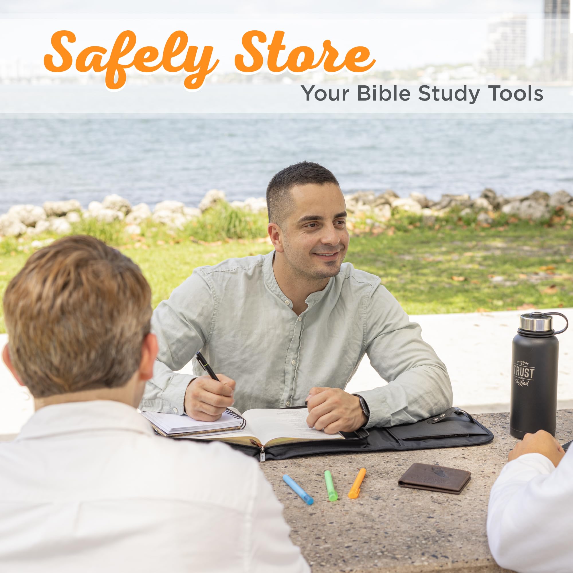 Christian Bible Cover for Men & Women - Black Microfiber Tri-Fold Organizer with Jesus Fish Emblem | Large Zippered Case for Bible Study, Church & Travel