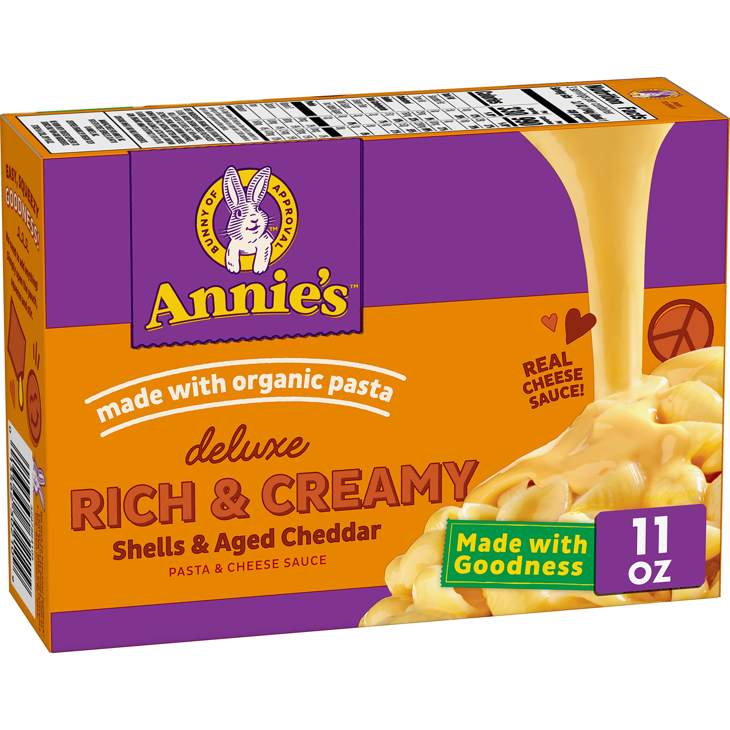Organic Annie's Deluxe Shells & Aged Cheddar Mac and Cheese - 11 oz Box | Made with Organic Pasta & Real Cheese Sauce | Quick Dinner, Side Dish or After-School Snack | Perfect for Family Meals, Kids Lunches & Comfort Food Cravings