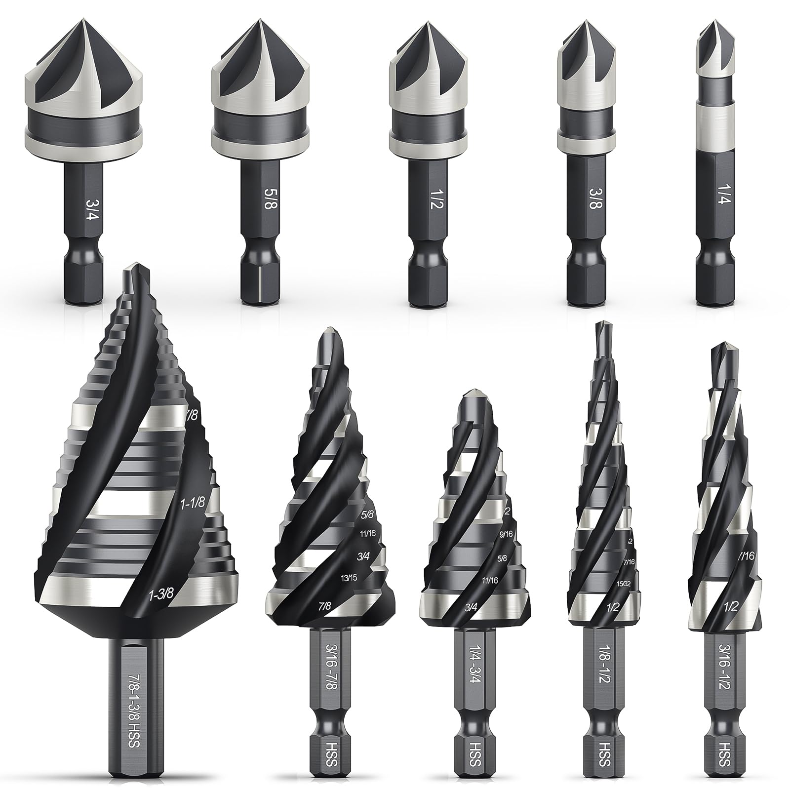 THINKWORK 5-Piece High-Speed Steel Step Drill Bit Set & 5-Piece Countersink Bit Kit with Storage Box - Perfect for Metal, Aluminum, Wood & Plastic Drilling | Ideal for DIY Projects, Home Repairs & Professional Metalworking