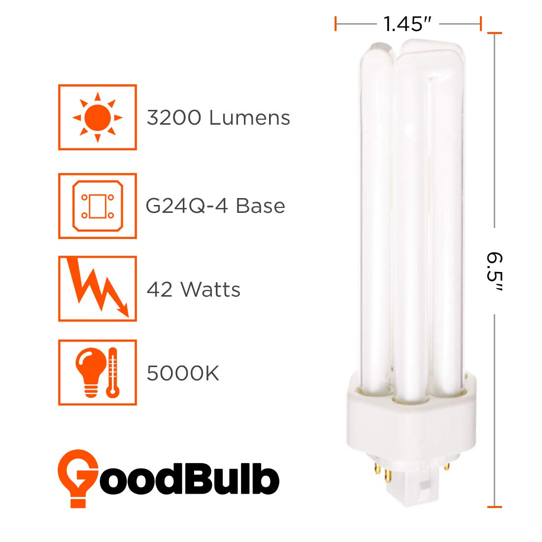 42W CFL Light Bulbs 4-Pin GX24Q-4 Base 5000K Daylight 3200 Lumens High Output Triple Tube Compact Fluorescent Plug-in Bulbs - 10 Pack by GoodBulb - Perfect for Car Dealerships, Retail Stores, Warehouse and Office Lighting