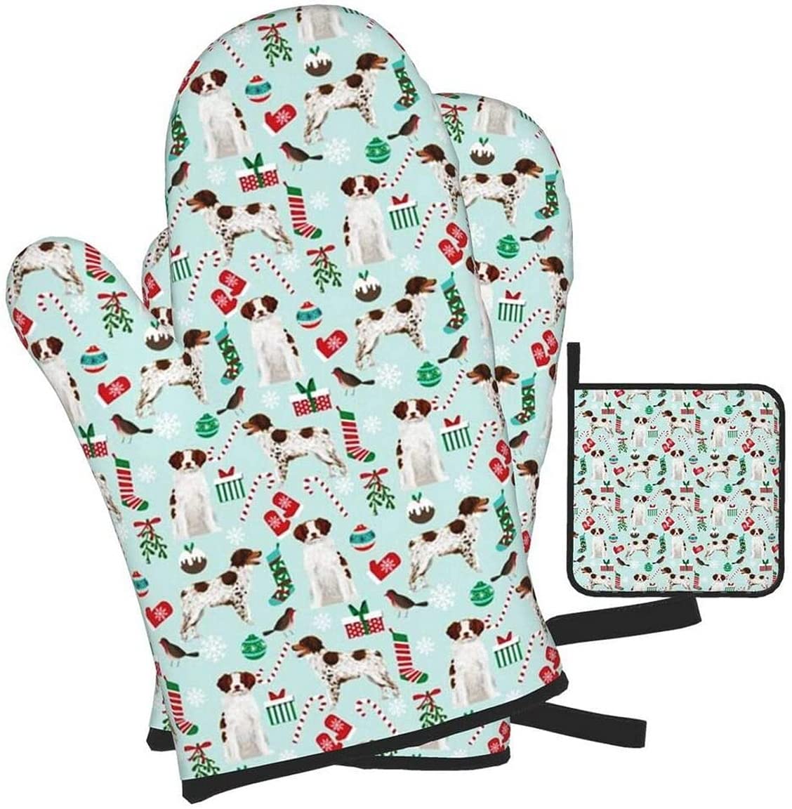 Brittany Spaniel Christmas Dog Pattern Oven Mitts and Pot Holders Set of 3 - Heat Resistant Kitchen Gloves for Cooking, Baking, BBQ & Grilling - Perfect Holiday Gift for Dog Lovers