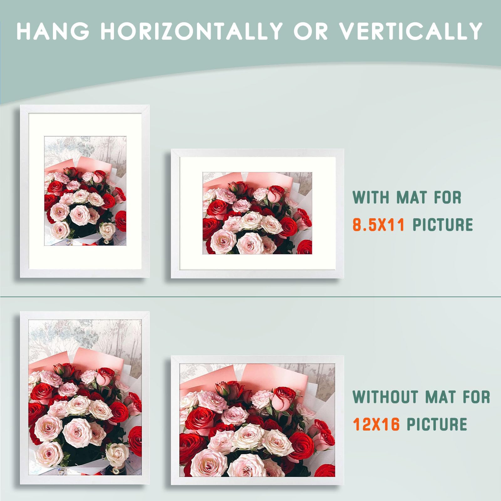 Golden State Art 12x16 Picture Frame Set of 8 - White Wooden Frames with 8.5x11 Mat or 12x16 Without Mat - Perfect for Wall Gallery, Home Decor & Office Display