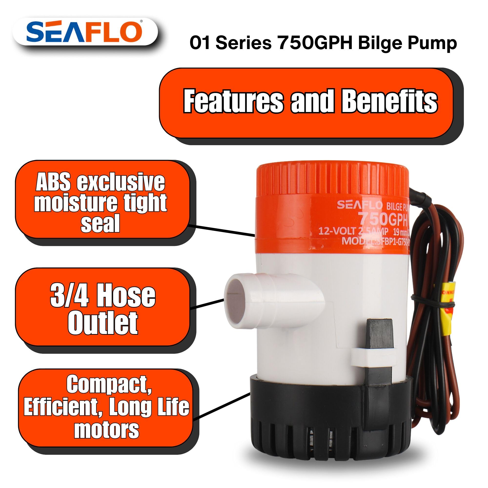 SEAFLO 750 GPH Electric Marine Bilge Pump - Automatic Boat Bilge Water Removal System for Yachts, Fishing Boats & Sailboats