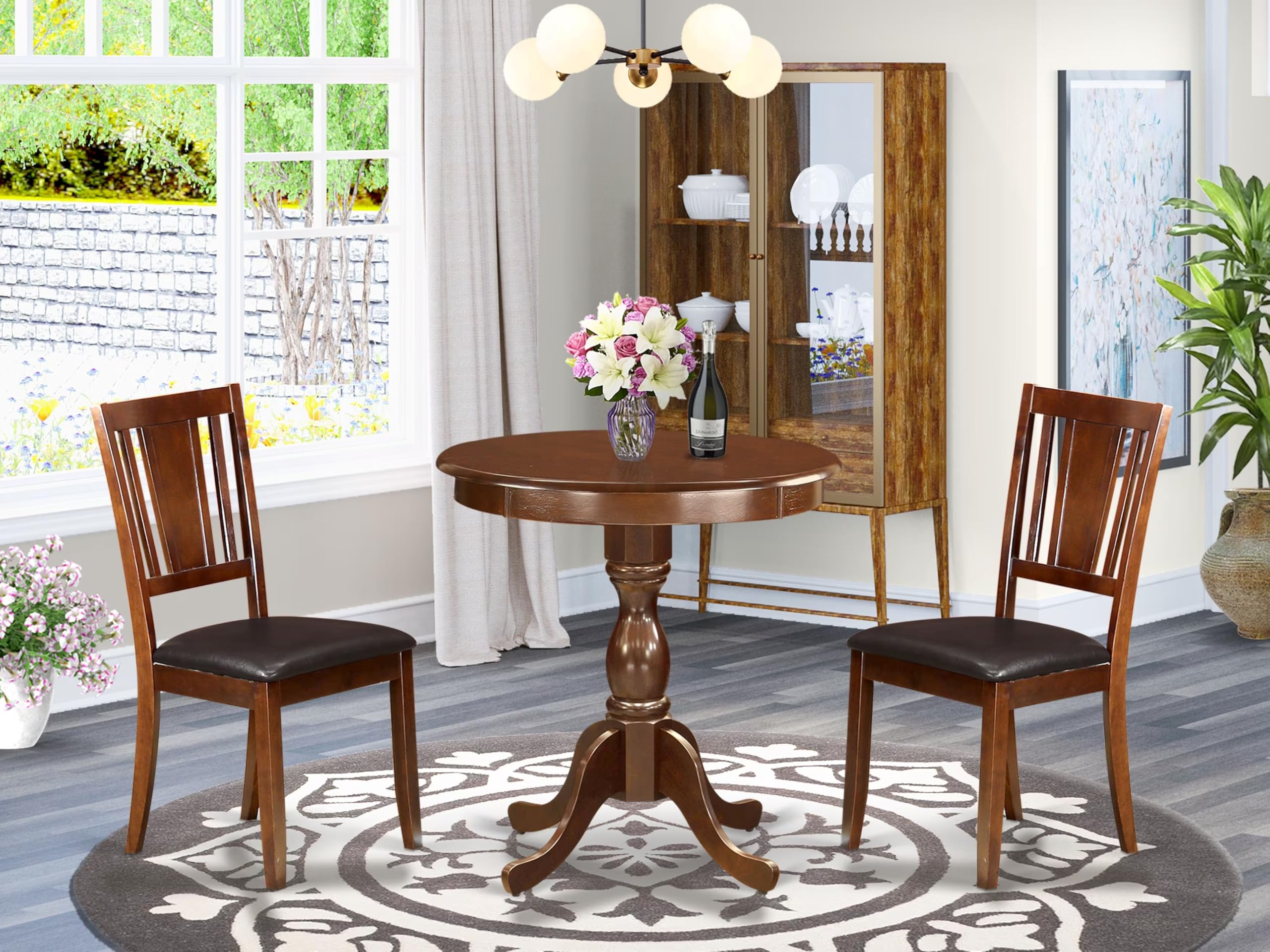 East West Furniture ESDU3-MAH-LC 3-Piece Round Dining Table Set with Pedestal Base & 2 Faux Leather Chairs - 30x30 Inch Mahogany - Perfect for Small Spaces, Breakfast Nooks & Cozy Apartments
