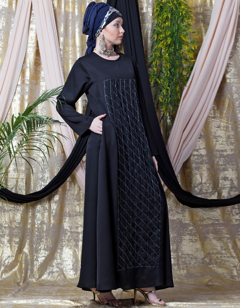 Elegant Black Arabic Diamond Motif Hand Embroidered Flare Nida Abaya - Perfect for Eid, Ramadan, Wedding & Special Occasions
