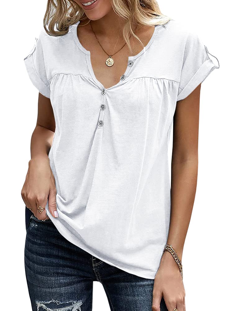 Women's V-Neck Short Sleeve Henley T-Shirts - Summer Button Up Casual Blouse with Rolled Sleeves | Loose Fit Solid Color Tops for Everyday Wear, Beach Outings & Weekend Outfits