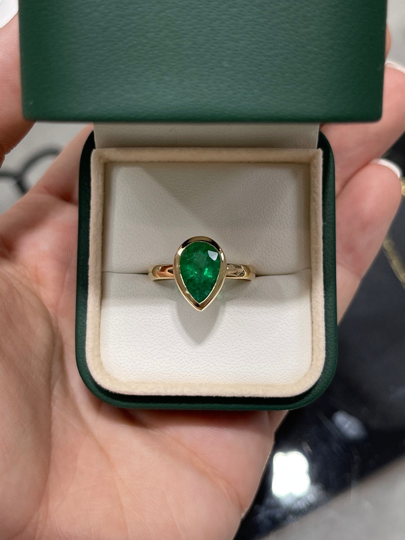 2.40ct 14K Dark Forest Green Pear Teardrop Emerald Bezel Solitaire Engagement Ring for Women - Elegant Wedding Proposal, Anniversary Gift, Bridal Jewelry