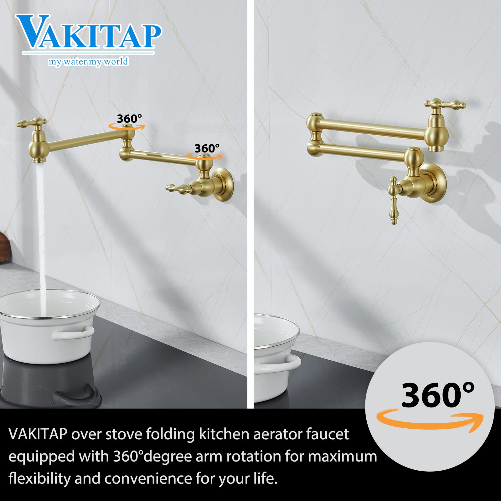Brushed Gold Pot Filler Faucet - Wall Mount Brass Traditional Kitchen Faucet with Double Joint Swing Arms for Stove (3005-BG) - Perfect for Cooking, Soup Making & Pasta Preparation