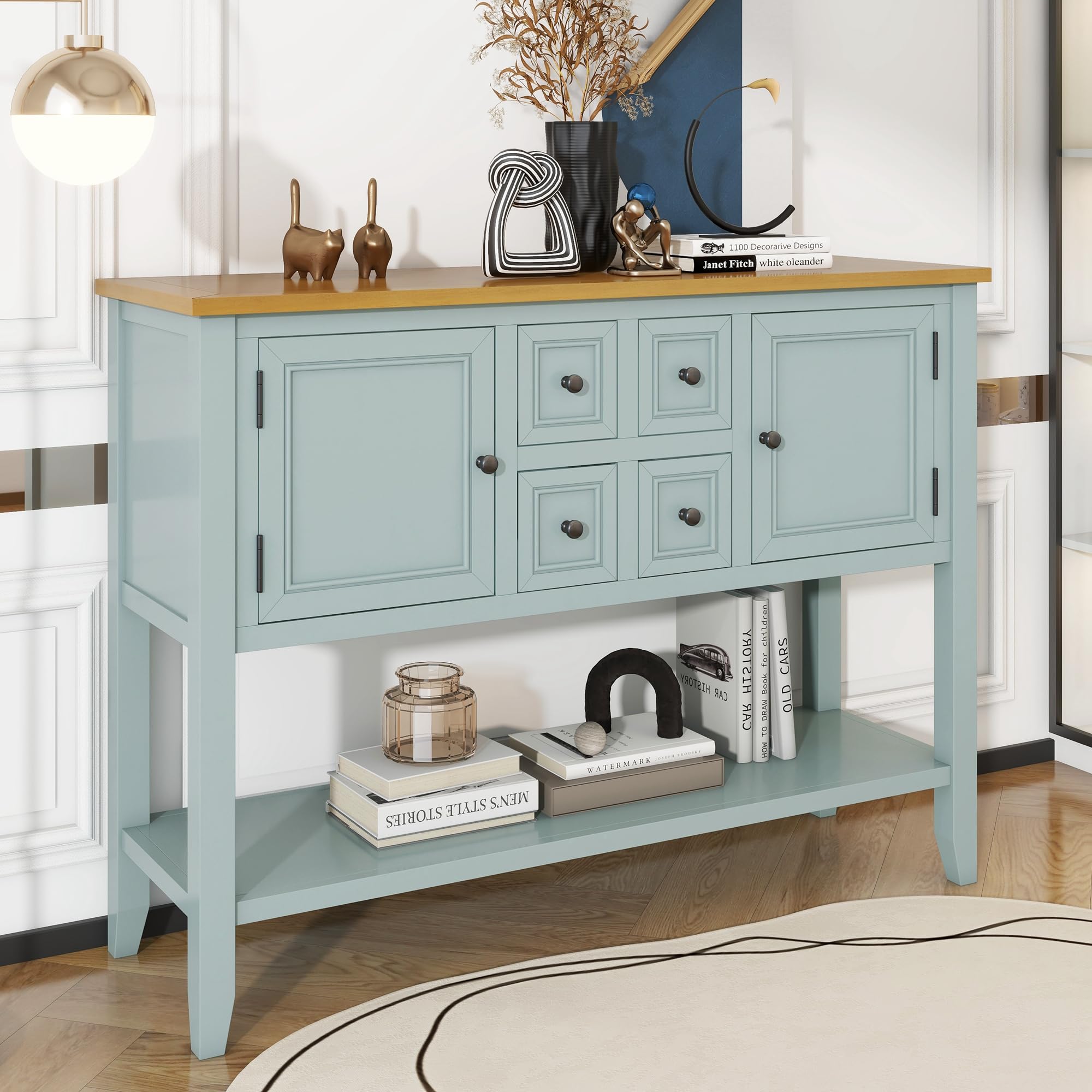 Modern Console Table with 4 Drawers & 2 Cabinets - Buffet Sideboard with Bottom Shelf in Lime White - Perfect for Entryway, Living Room or Dining Room Storage Solution