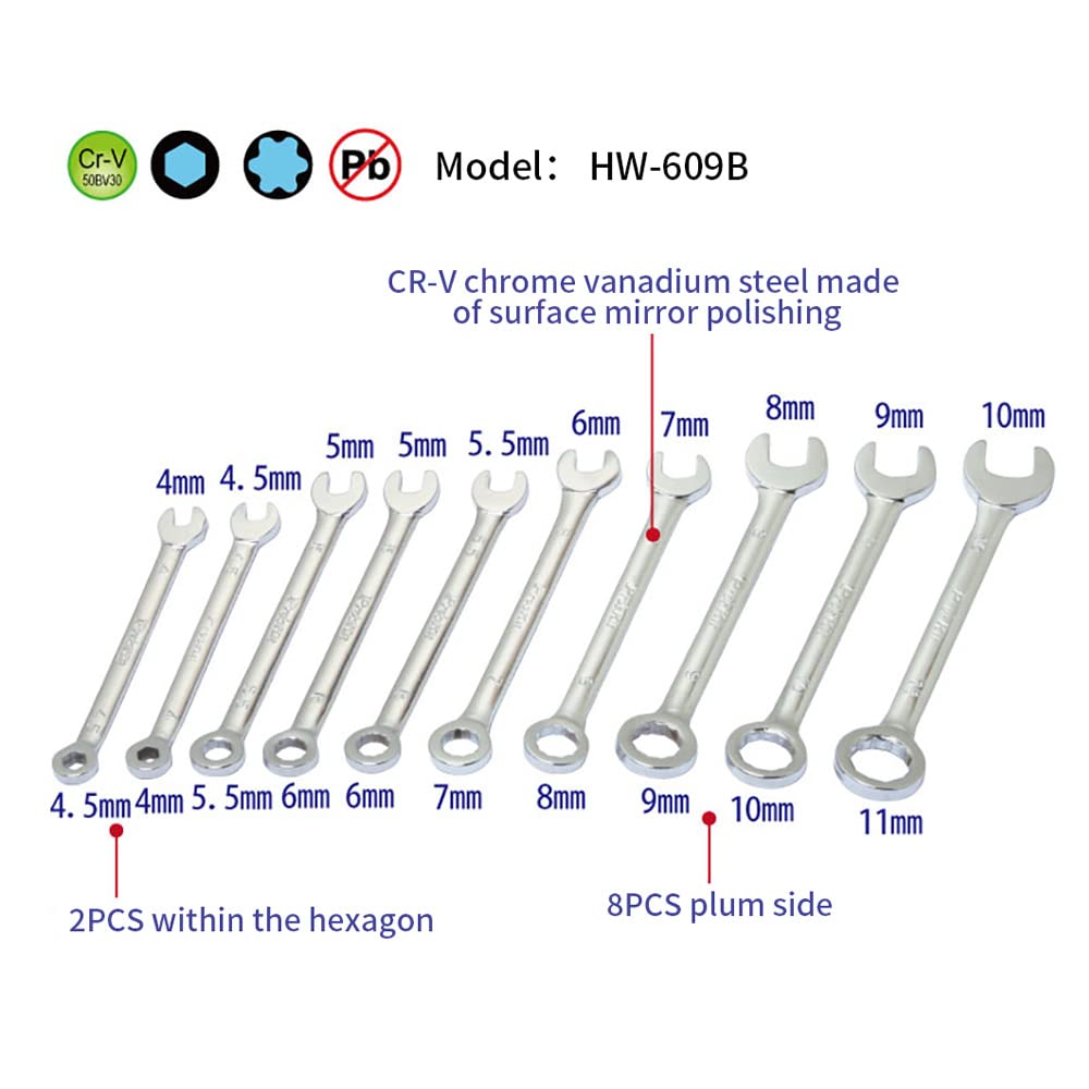 Pros'Kit HW-609B 10-Piece Mini Electronic Combination Metric Wrench Set - Precision Hardware Repair Tool Kit for Electronics, Bicycles & Small Appliances - Ideal for DIY, Home Maintenance and Professional Technicians