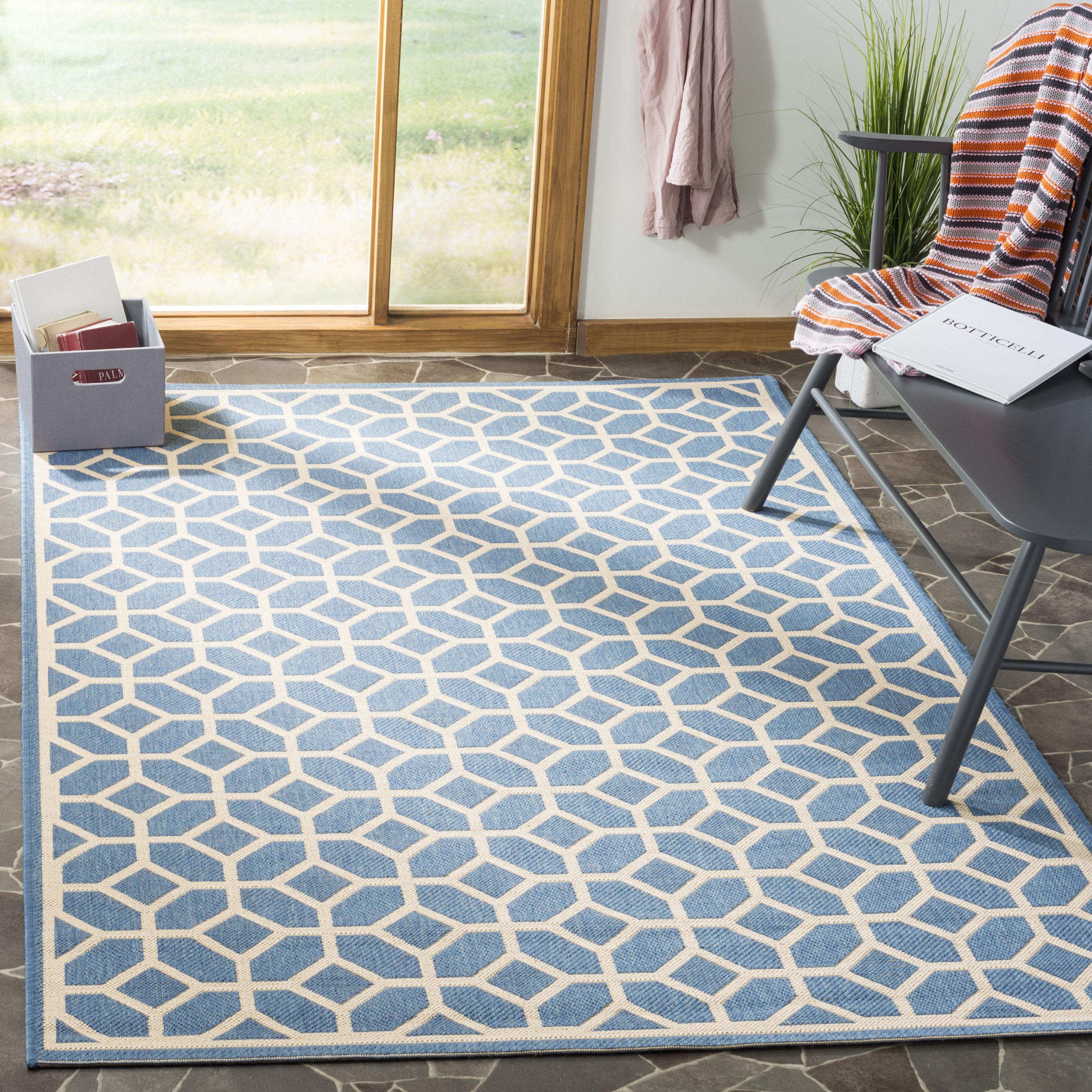 SAFAVIEH Linden Collection 9' x 12' Blue & Cream Geometric Area Rug - Indoor/Outdoor Non-Shedding Easy-Clean - Perfect for Patio, Backyard, Porch, Deck & Mudroom