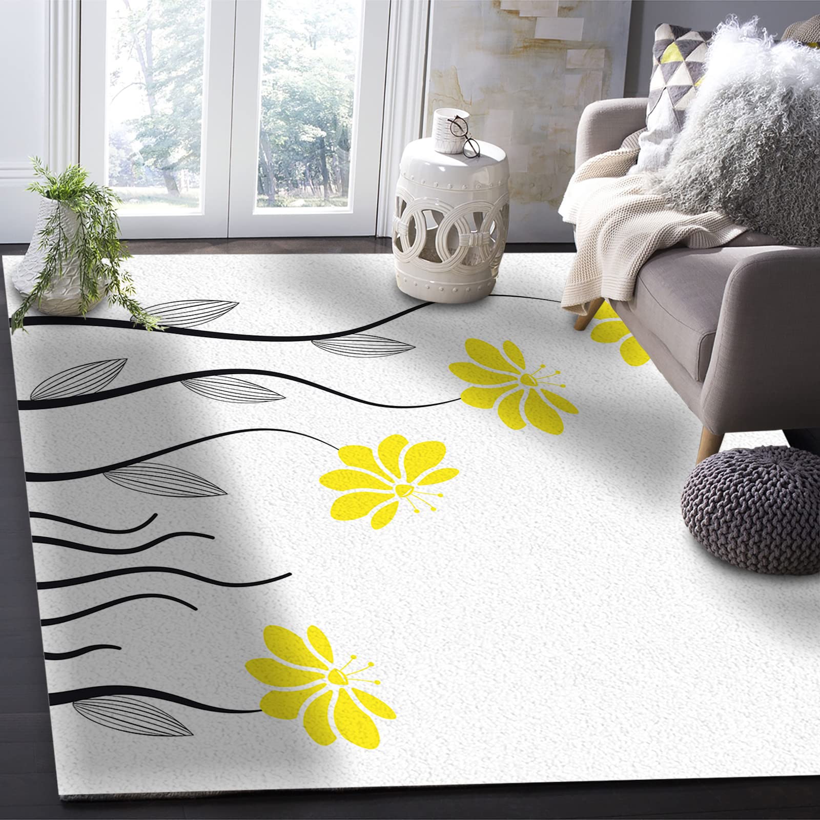 4'x7' Washable Area Runner Rug - Yellow Aqua Floral Petals with Striped Leaves & Geometric Lines for Kitchen, Living Room, Bathroom, Bedroom, Classroom | Modern Non-Slip Bath Mat for Home Decor & Pet-Friendly Spaces