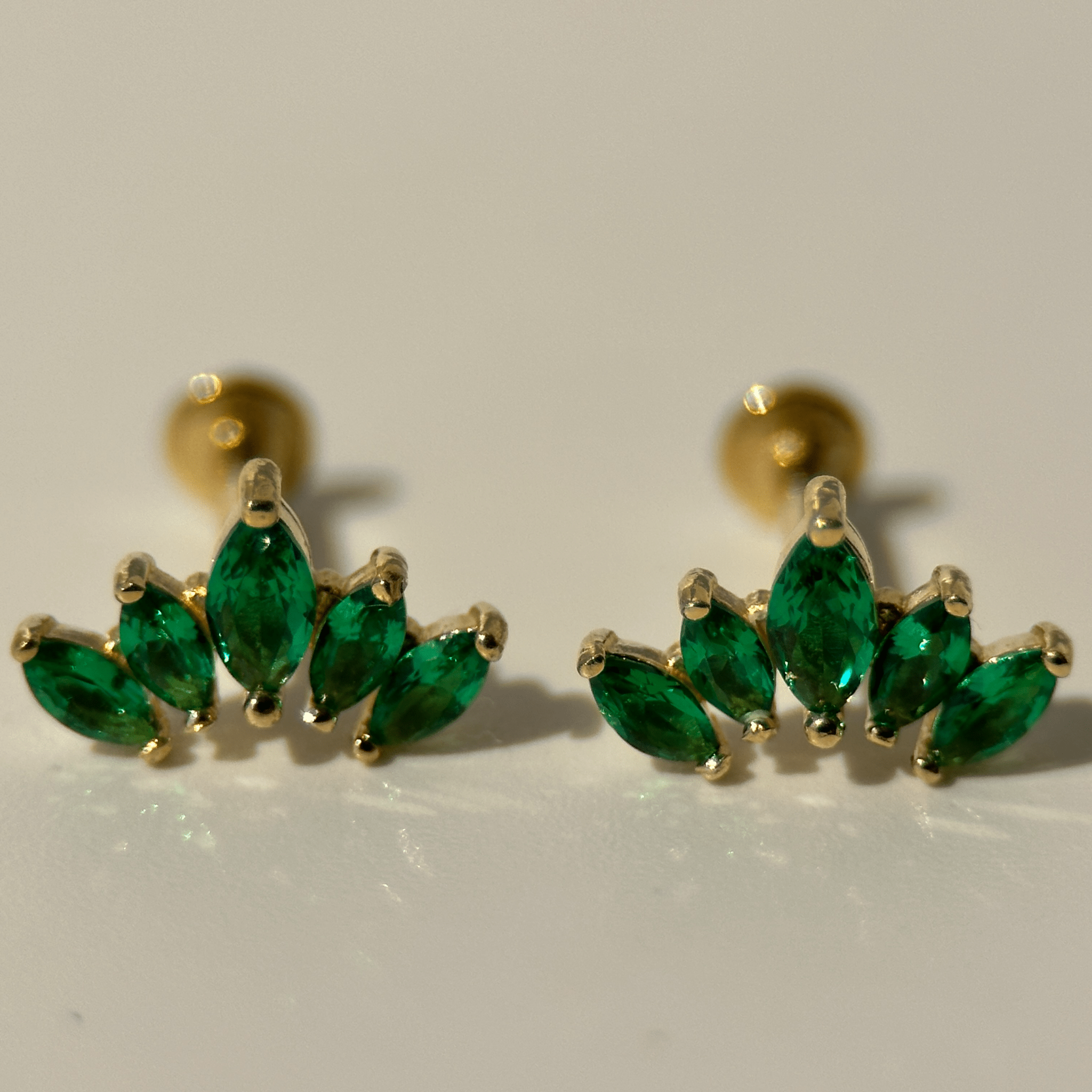 14K Yellow Gold Marquise Cut Five Petal Emerald Lotus Stud Earrings - Perfect for Weddings, Parties & Everyday Elegance