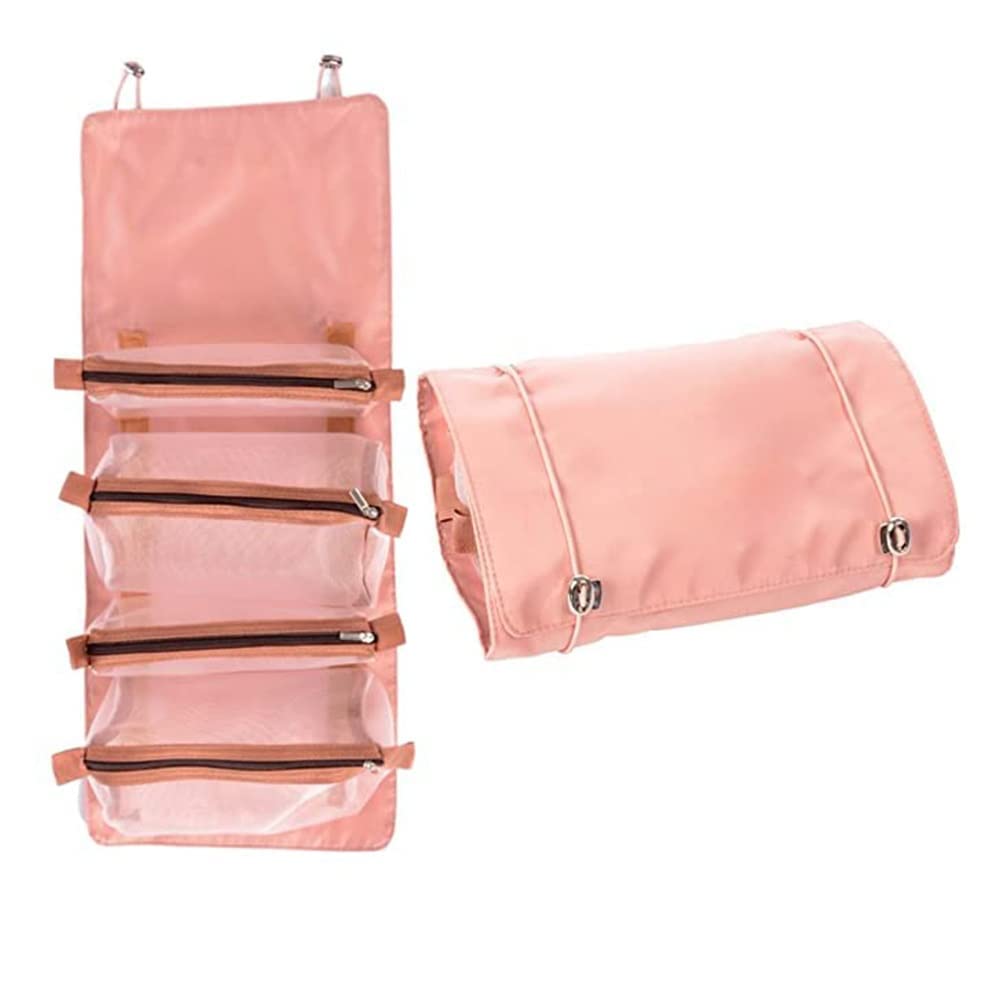 AMENDAS 4-in-1 Foldable Hanging Travel Makeup Bag | Waterproof Cosmetic Organizer & Toiletry Storage for Women | Perfect for Vacation, Gym & Business Trips (Pink)