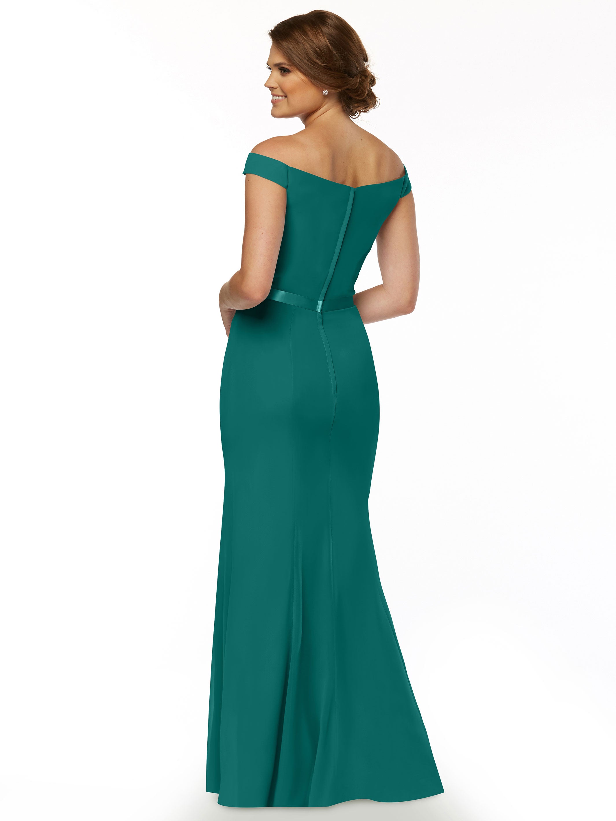 Elegant Off-the-Shoulder Chiffon Bridesmaid Dress with Ribbon Belt - Flattering Fit & Flare Design for Weddings, Parties & Special Occasions