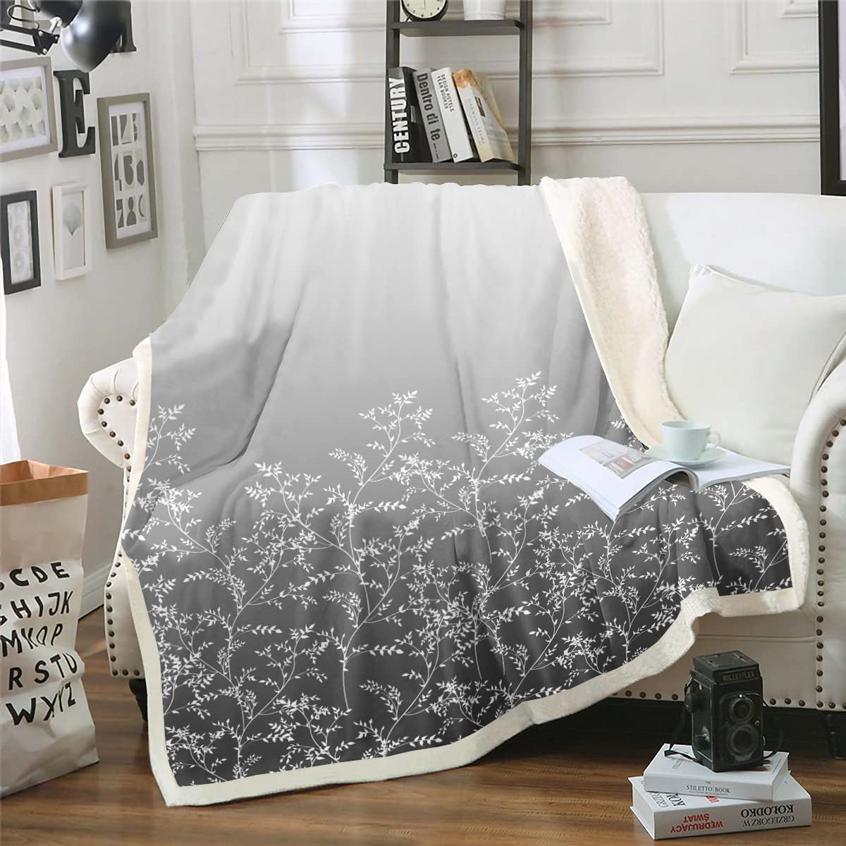 Erosebridal White Botanical Sherpa Fleece Blanket 50