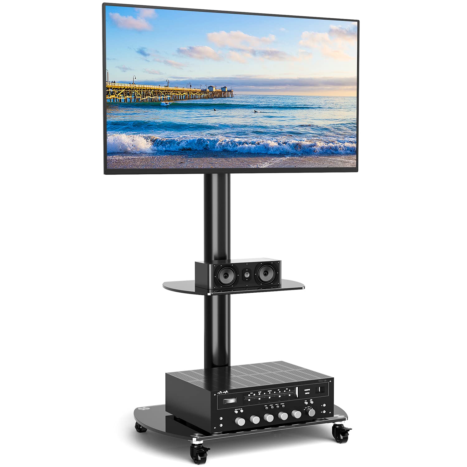 Universal Swivel Mobile TV Stand with Wheels for 32-60 Inch Flat Screen TVs up to 77lbs - Adjustable Height Rolling TV Cart with Glass Shelves for Living Room, Bedroom & Office - Heavy Duty TV Floor Stand for Corner Placement