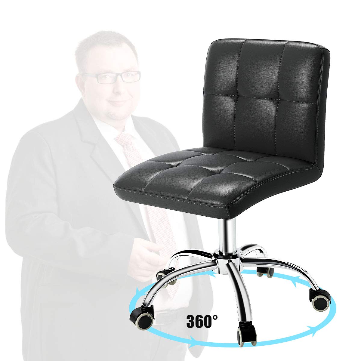 OUTMASTER 360° Swivel Office Chair - Adjustable PU Rolling Task Chair with Backrest for Home, Office, Computer Work, Barber Shop - Ergonomic Armless Desk Chair for Workstation, Gaming & Study (Black)