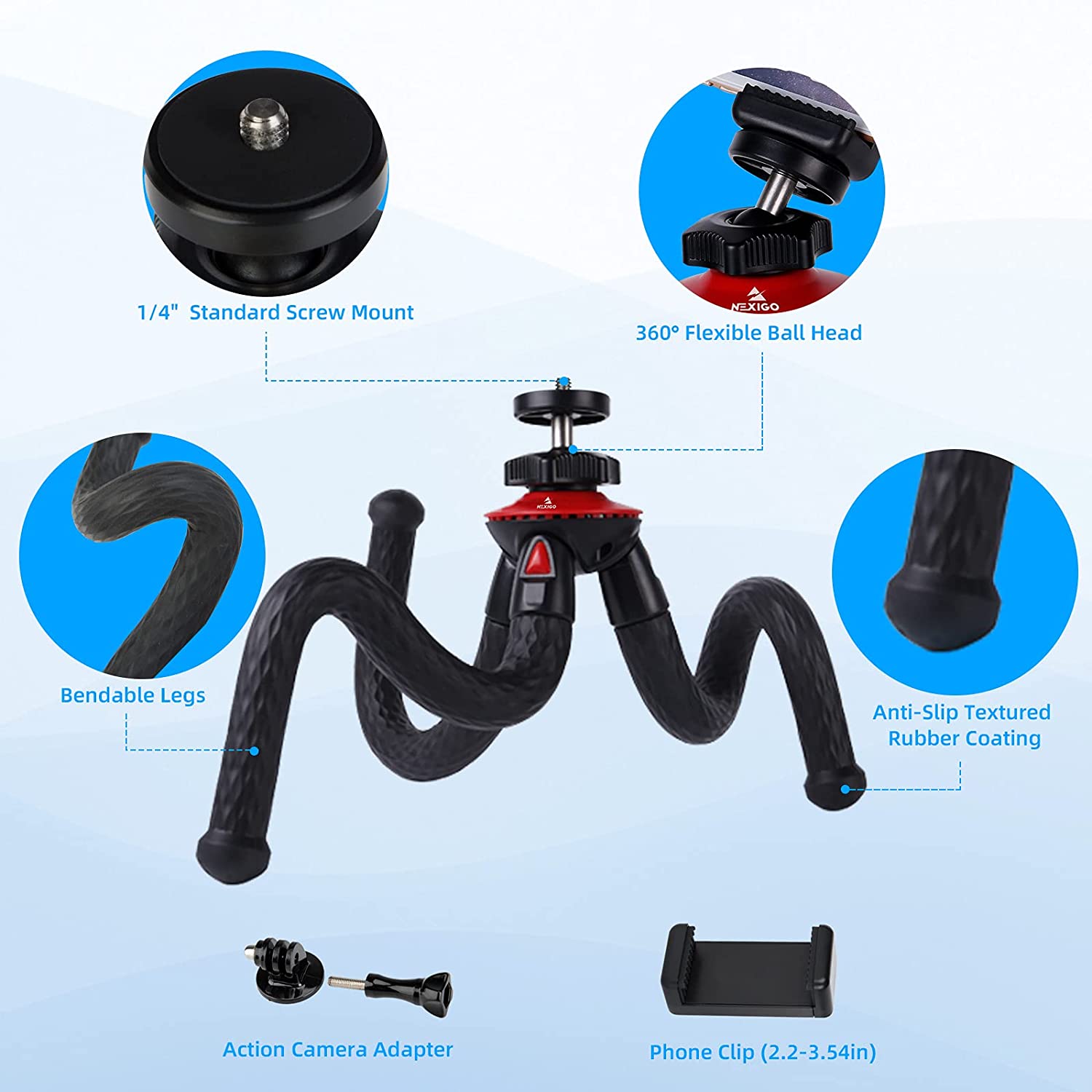 NexiGo Flexible Tripod Stand with Phone Holder - Adjustable Camera Tripod for Smartphones, DSLR Cameras & Webcams - Perfect for Vlogging, Live Streaming & Video Calls