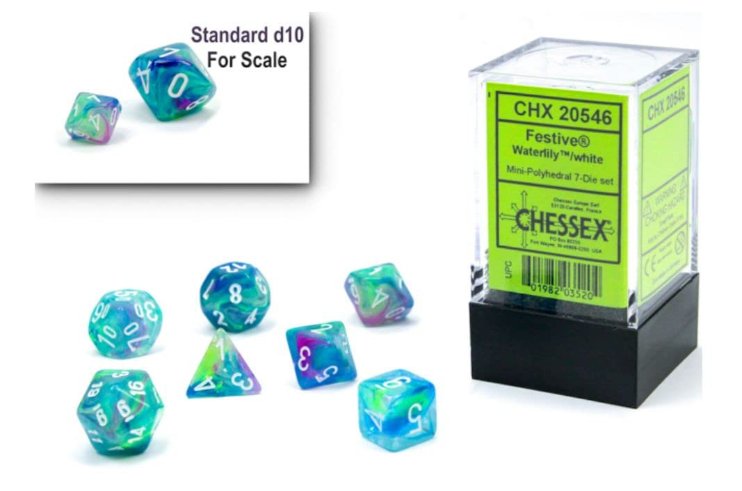 Festive Waterlily/White Polyhedral Dice Set for Dungeons & Dragons - 10mm 7-Piece D&D Dice Set (D4, D6, D8, D10, D12, D20, D%) - Perfect for TTRPG, RPG Gaming, and Tabletop Role-Playing Adventures - CHX20546