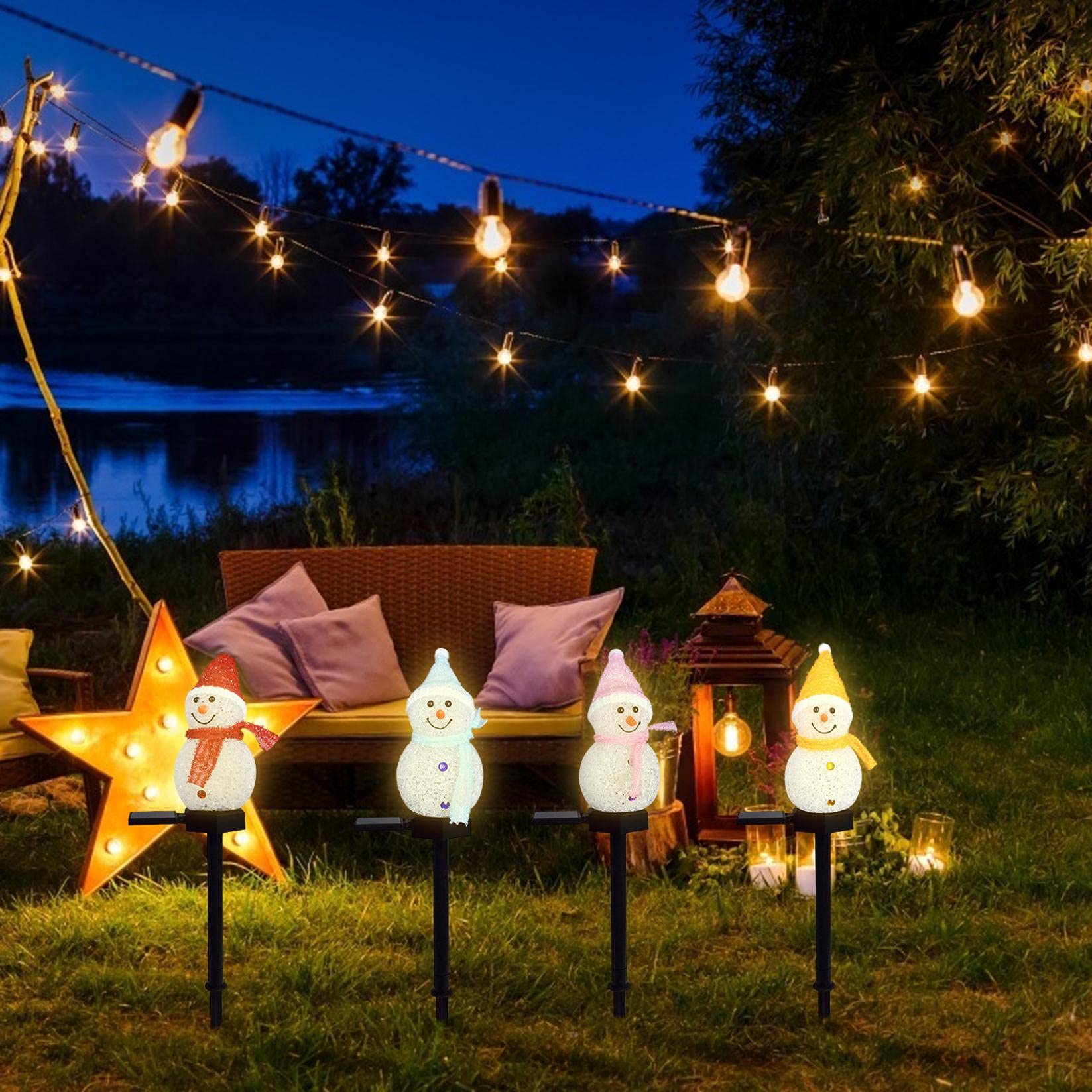 Solar Powered Snowman LED Christmas Lights - Waterproof Outdoor Garden Decor for Patio, Lawn & Pathway - Red Holiday Yard Ornaments (Perfect for Christmas, Winter & Holiday Decorations)