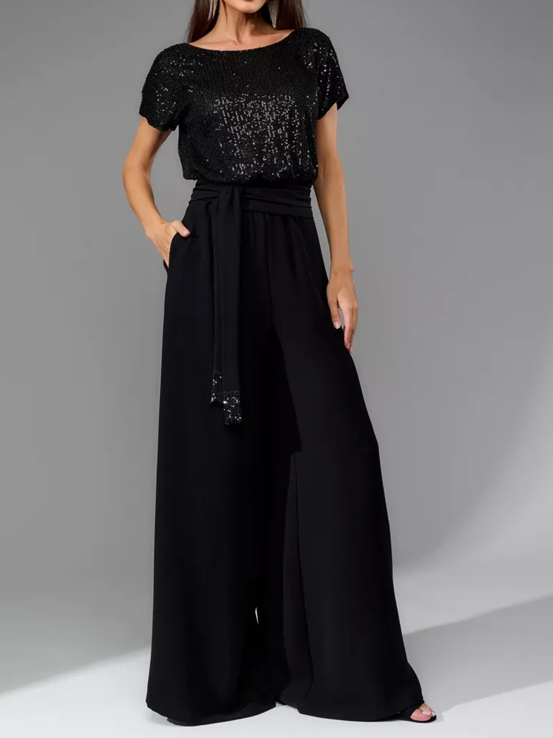 Sparkly Sequin Short Sleeve Wide Leg Jumpsuit for Women - Party Outfit, Club Wear & Evening Dress for Special Occasions