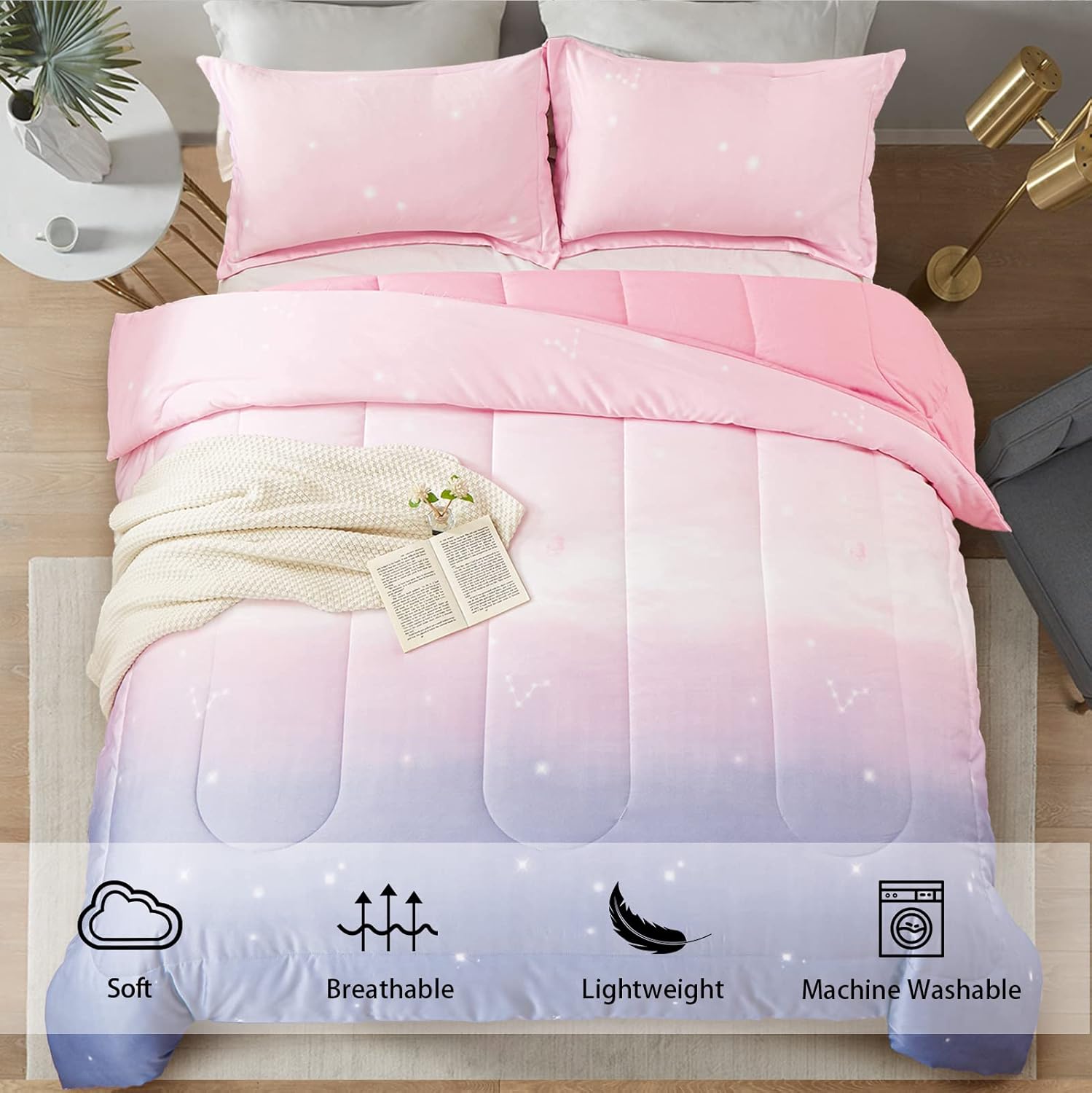 Ombre Pink Purple Rainbow 3-Piece Girls Comforter Set - Queen Size Bedding Collection for Teen Girls Room Decor & Cozy Sleep