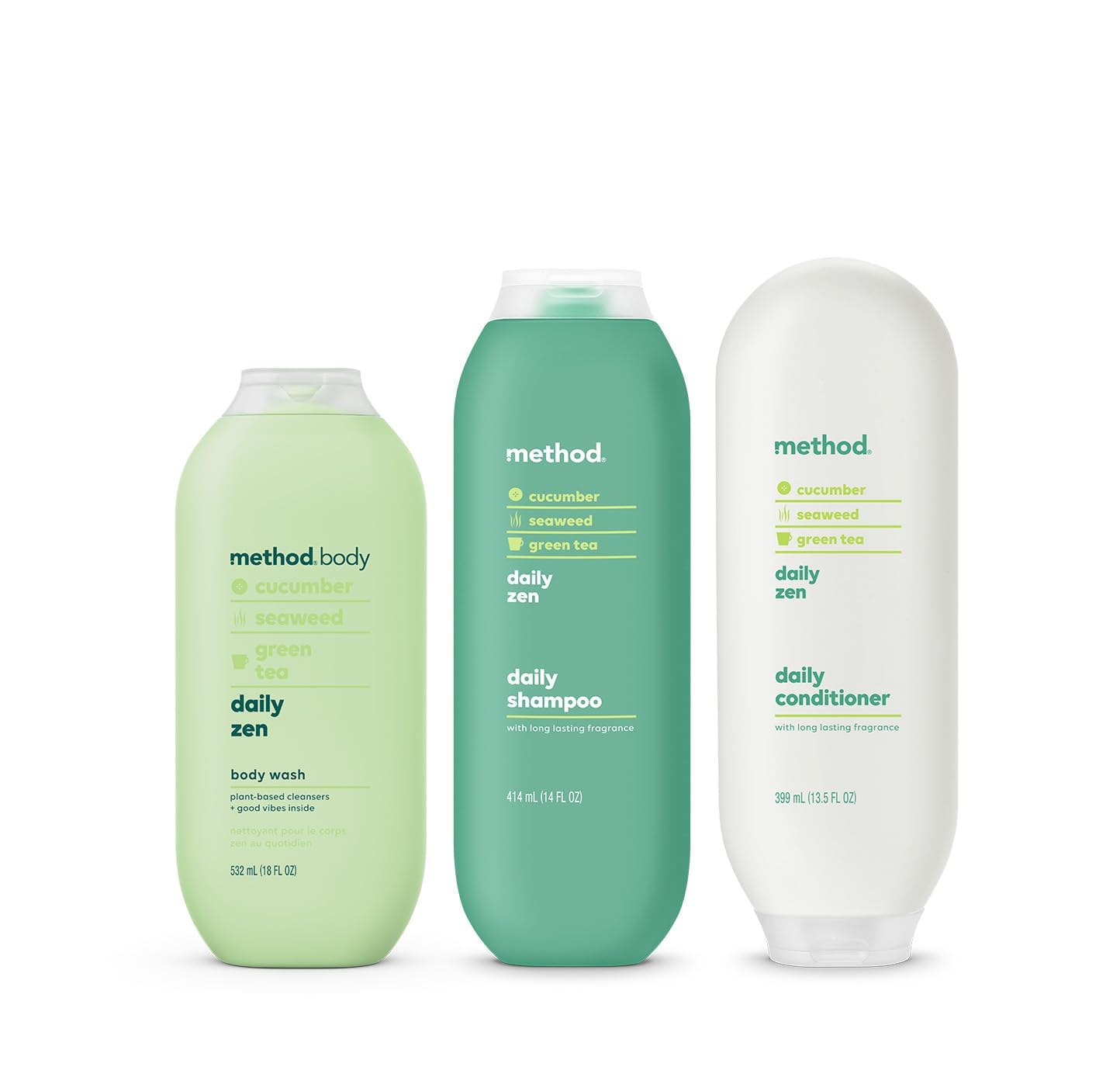 Method Hair and Body Variety Pack - Daily Zen - 14 oz Shampoo, 13.5 oz Conditioner, 18 oz Body Wash | Natural Bath & Shower Essentials for Relaxation & Self-Care