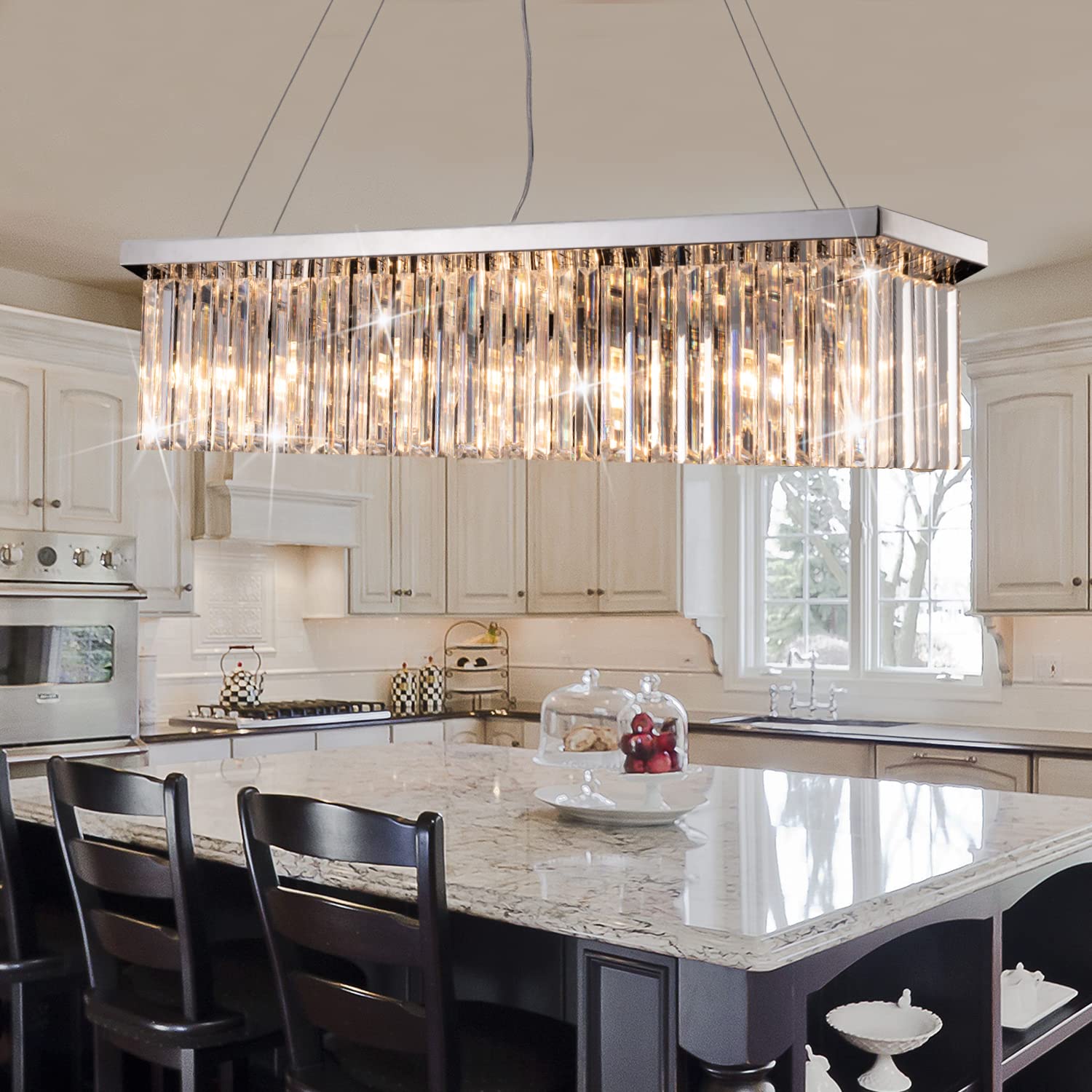 Modern Silver Rectangular Crystal Chandelier - Luxury Chrome Pendant Ceiling Light for Dining Room, Kitchen Island, Living Room & Bar | Elegant Lighting Fixture for Home Decor, Wedding Venues & Restaurants