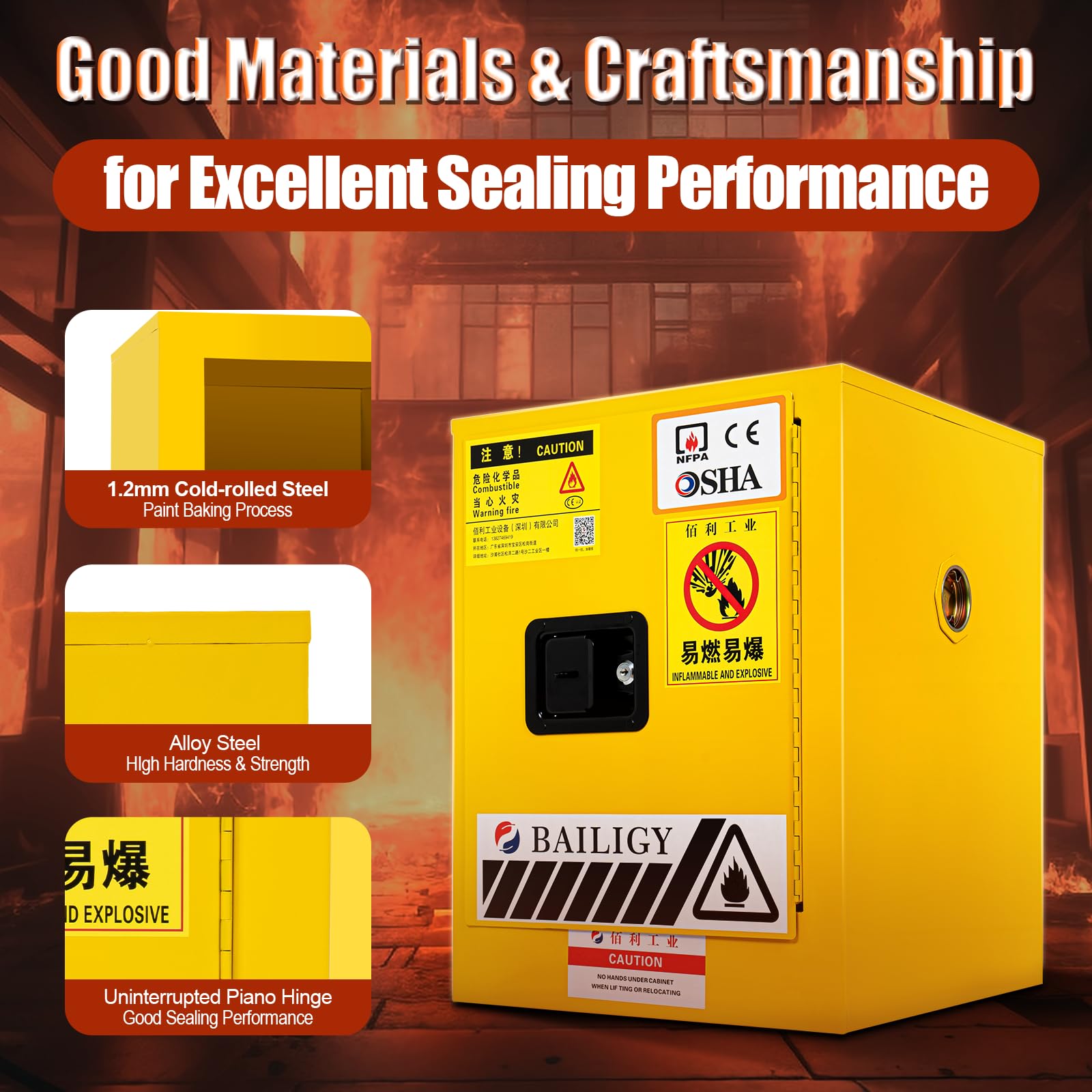4 Gallon Yellow Flammable Safety Storage Cabinet - OSHA Compliant for Chemicals, Solvents & Liquids - Commercial, Industrial & Home Use - Perfect for Garage, Workshop & Laboratory Organization