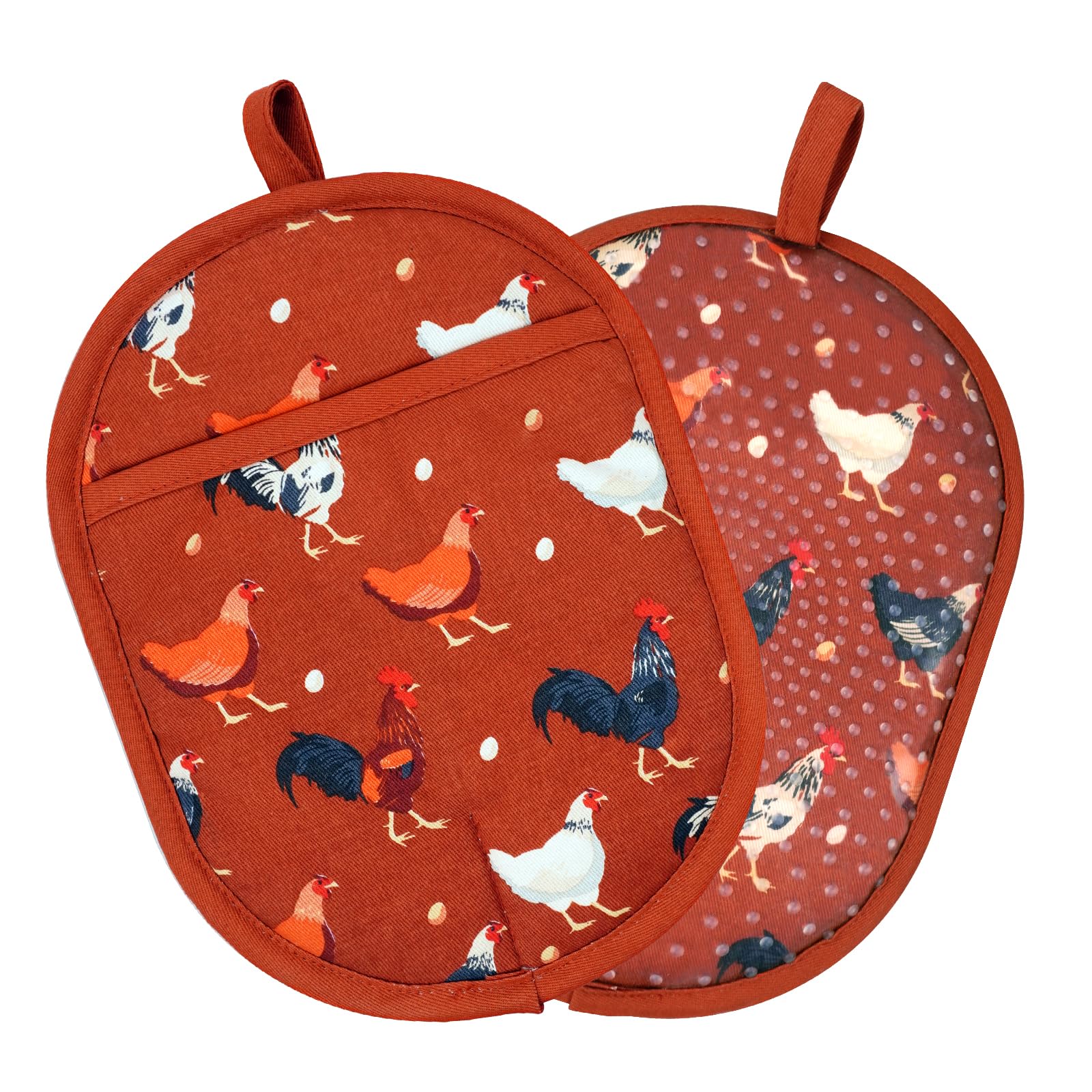 Heat Resistant Silicone Pot Holders Set of 2 - 500°F Oven Mitts with Cotton Lining for Cooking & Baking | Non-Slip Kitchen Potholders for Hot Pans, Grilling & Serving (Rooster Design)