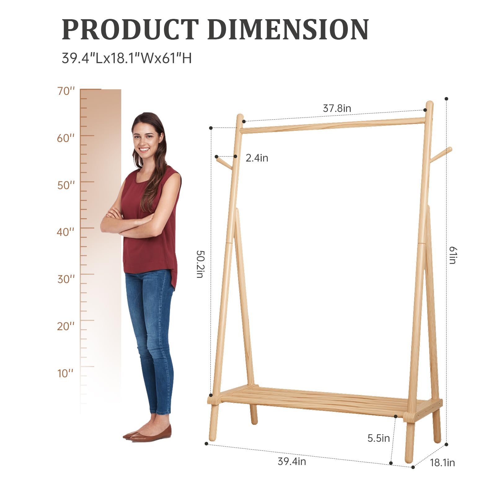 **Solid Wood Clothes Rack with Shelf & Hooks - Sturdy, Portable Garment Rack for Hanging Clothes, Coats, Skirts, Shoes & Bags - Easy to Assemble (Natural) - Perfect for Bedroom, Closet & Laundry Room Organization**