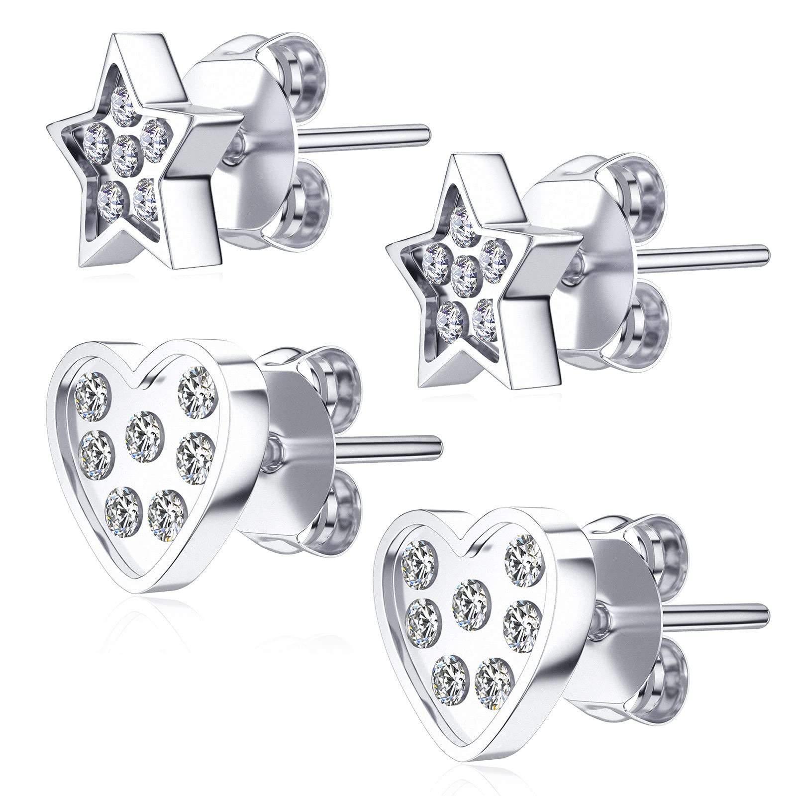 14K White Gold Plated Cubic Zirconia Stud Earrings for Women & Girls - Hypoallergenic Small Earrings for Everyday Wear, Gift Giving & Special Occasions
