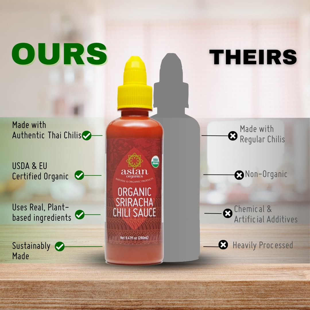 Organic Sriracha Hot Chili Sauce - USDA Certified, Non-GMO, Gluten-Free, No MSG - Authentic Thai Chili Sauce (9.47oz/280mL) - Perfect for Asian Cuisine, Stir-Fries, Noodles & Spicy Food Lovers