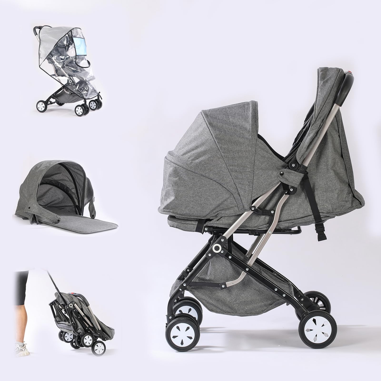 Lightweight Travel Stroller with Removable Bassinet & Weather Shield - One Hand Fold Compact Baby Stroller for Airplane, Shopping & Daily Use (Gray)