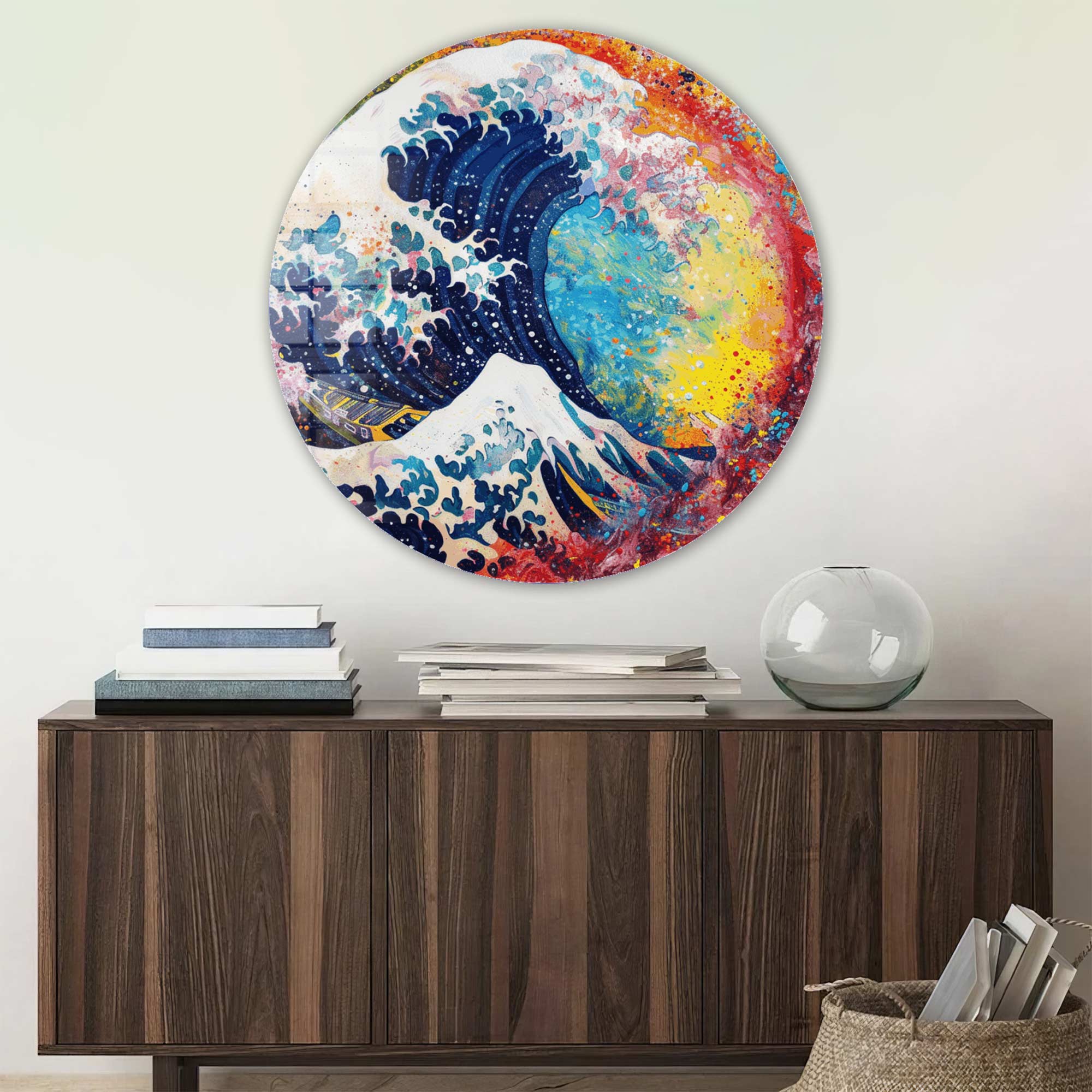 Kanagawa Rainbow Rounded Glass Wall Art - Japanese Wave Decor for Living Room, Bedroom & Office - Modern Home Decor & Unique Gift Idea