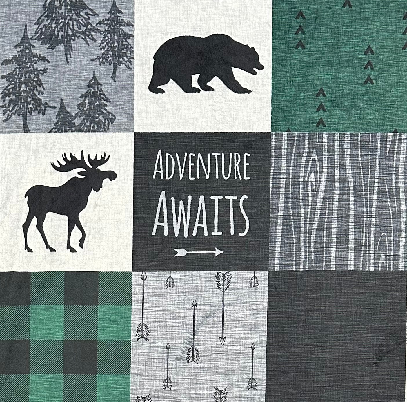 Premium Adventure Awaits Patchwork Minky Blanket - Green, Black & Gray on Heather Gray - Ultra Soft 55