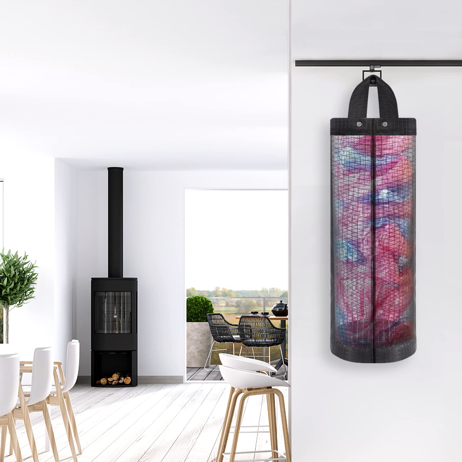 Moniko 2-Pack Plastic Bag Holder & Dispenser - Foldable, Washable Mesh Grocery Bag Organizer for Kitchen Storage (Black) | Perfect for Pantry, Laundry Room & Garage Organization