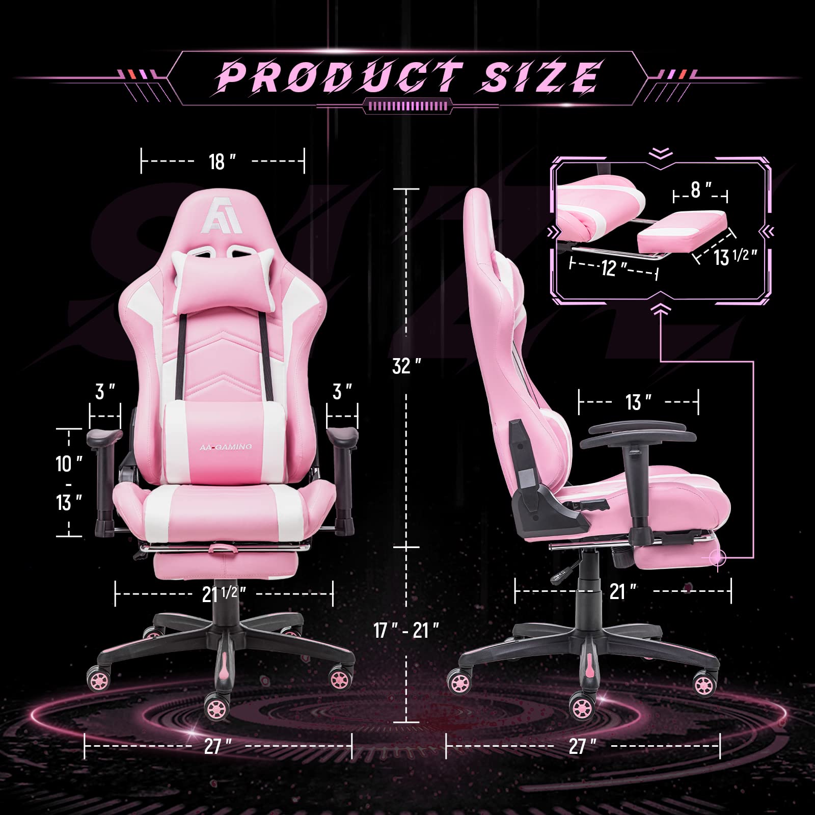 Ergonomic Gaming Chair High Back Racing Office Chair with Adjustable Height, Footrest & Lumbar Support - White & Pink - Perfect for PC Gaming, Esports, Home Office & Streaming Setup