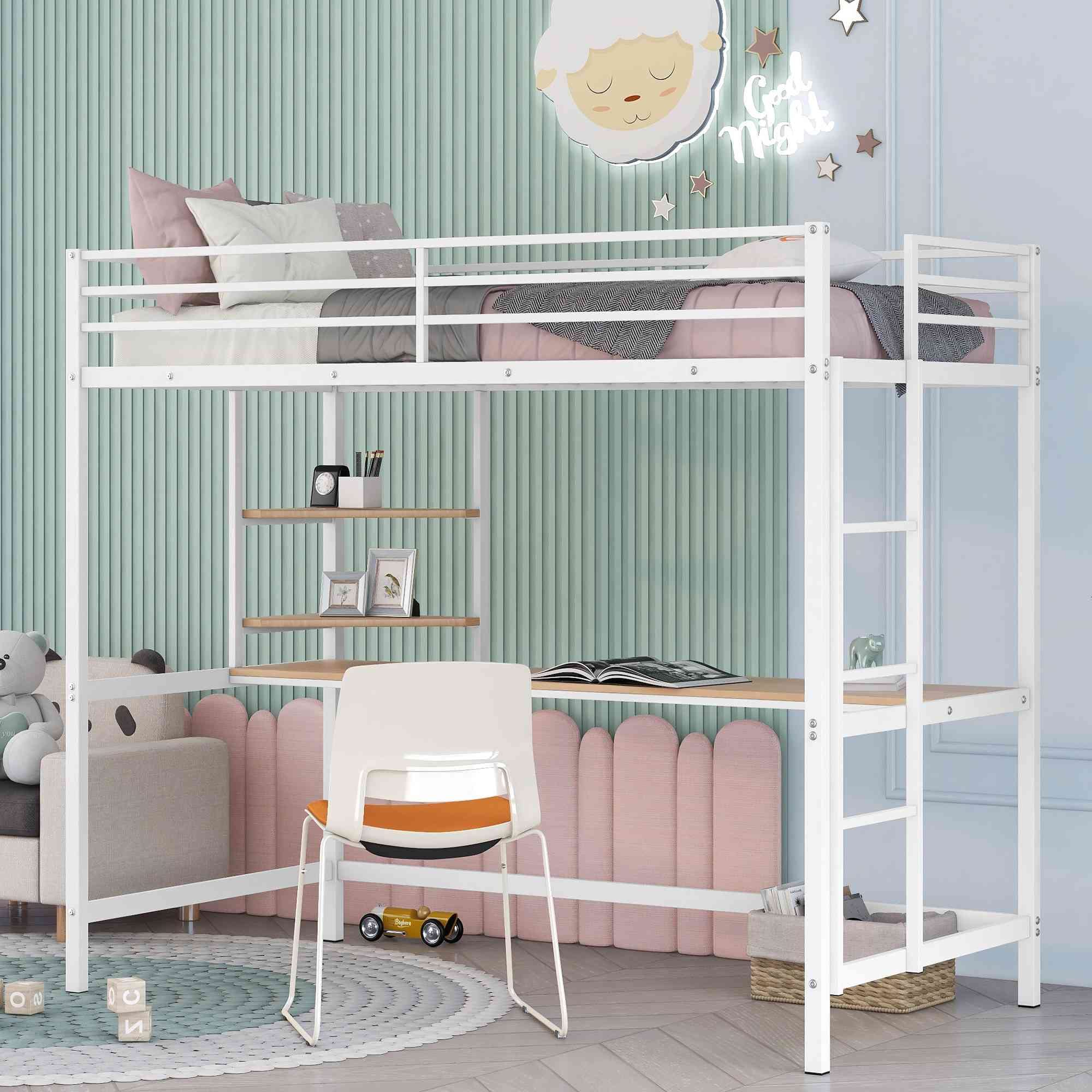 ATY White Metal Twin Size Loft Bed with Desk & Shelves - Space Saving Steel Bed Frame with Ladder for Small Bedroom, Dorm Room - Easy Assembly Study & Sleep Solution for Teens & College Students