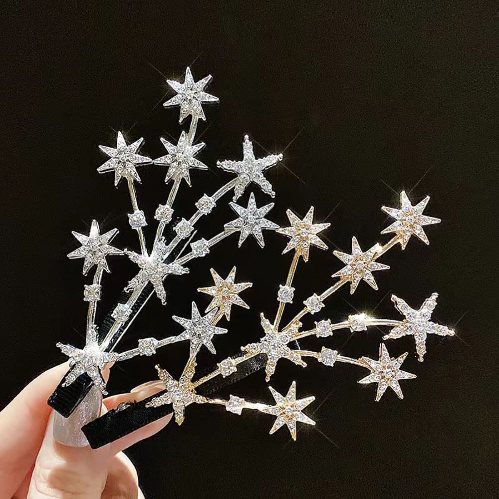 2 Pcs Elegant Rhinestone Gypsophila Hair Clips for Women - Gold & Silver Crystal Star Duckbill Hairpins | Perfect for Weddings, Parties & Everyday Hairstyling