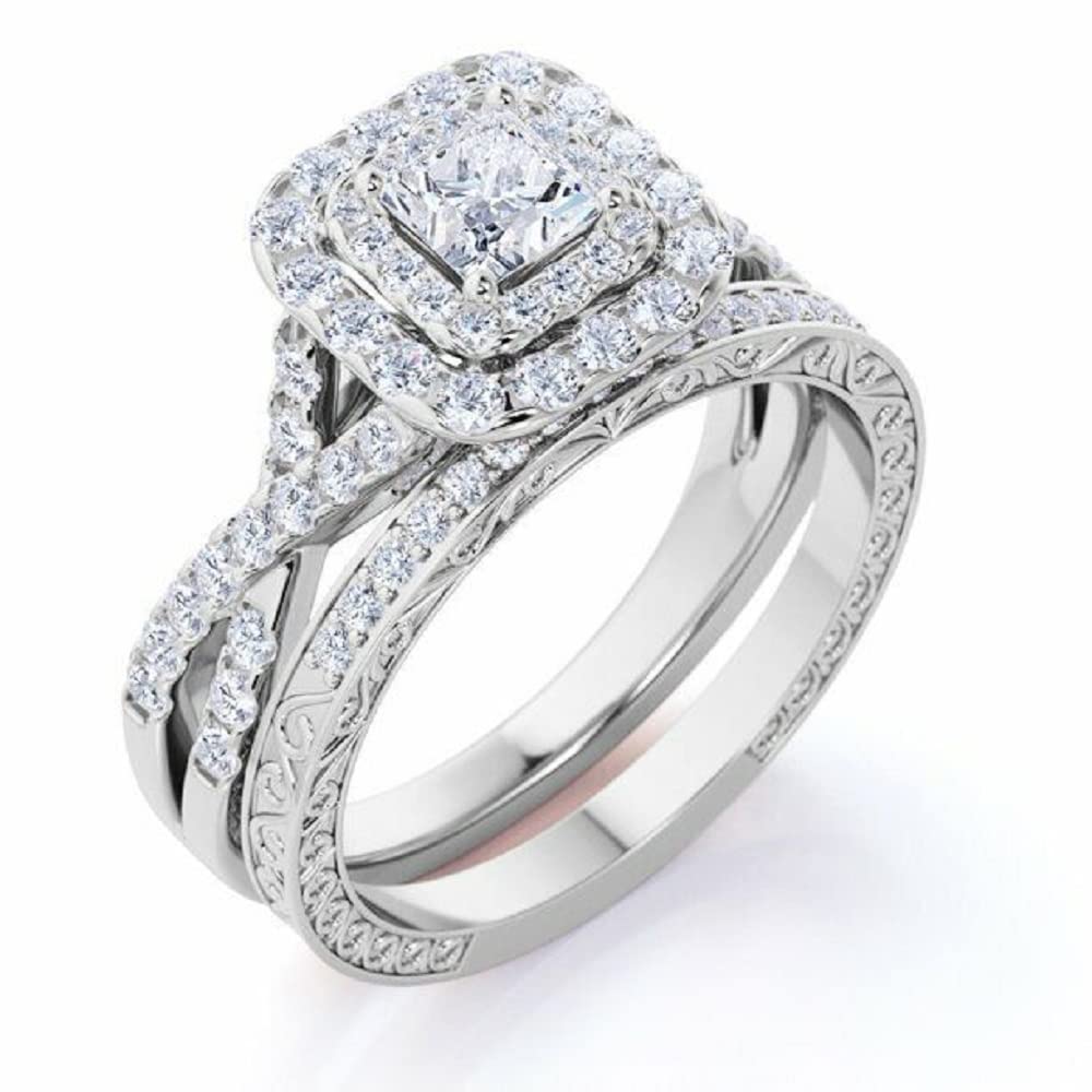 Reyansh Princess & Round Cut White Diamond 925 Sterling Silver 14K White Gold Over Diamond Engagement Ring Set for Women - Perfect for Proposals, Weddings, Anniversaries & Special Occasions