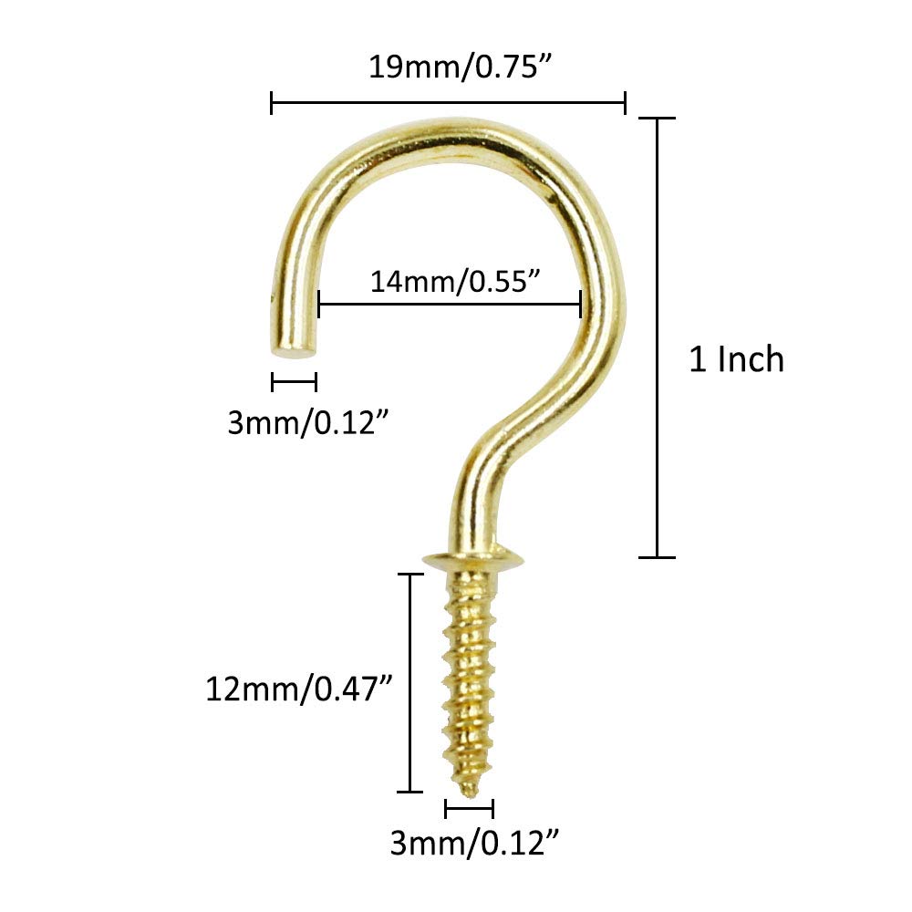 Biaungdo 1 Inch Gold Ceiling Hooks with Self-Tapping Screws - 100 Pack | Heavy Duty Cup Hooks for Hanging Plants, Lights & Decor | Rust-Resistant Ceiling Hooks for Home & Kitchen Organization
