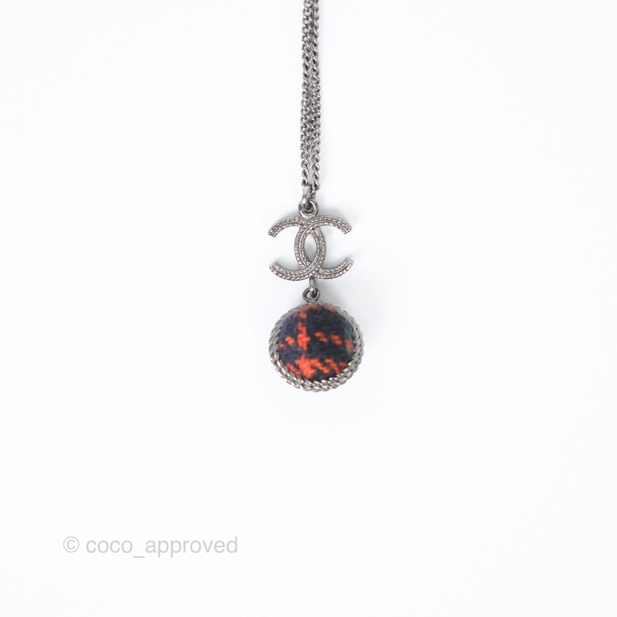 Chanel CC Fabric Sphere Pendant Necklace in Gun Metal - Elegant Statement Jewelry for Women, Perfect for Parties, Date Nights & Special Occasions